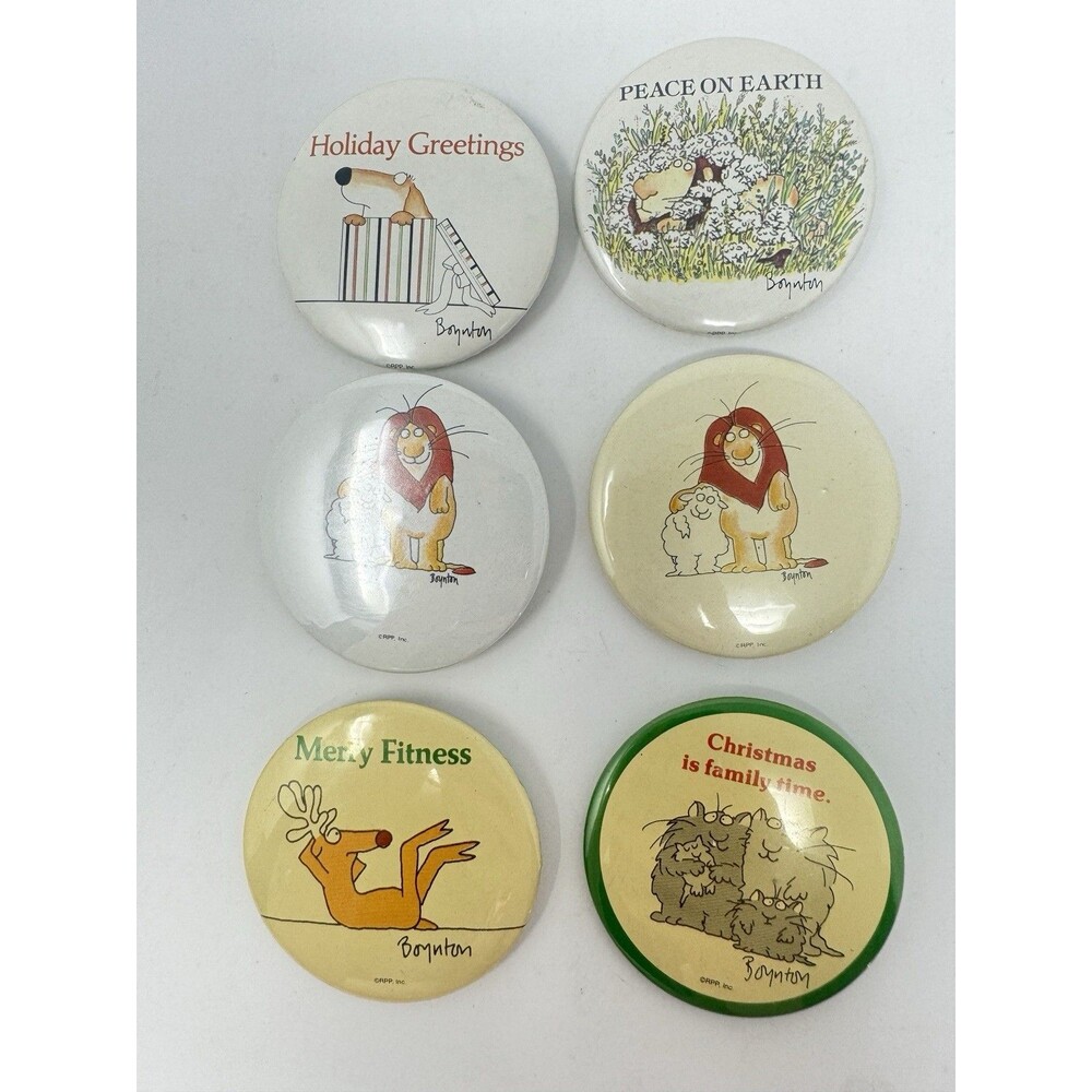Vintage Boynton Pin Back Buttons Lot of 6 Christmas Merry Fitness Peace On Earth